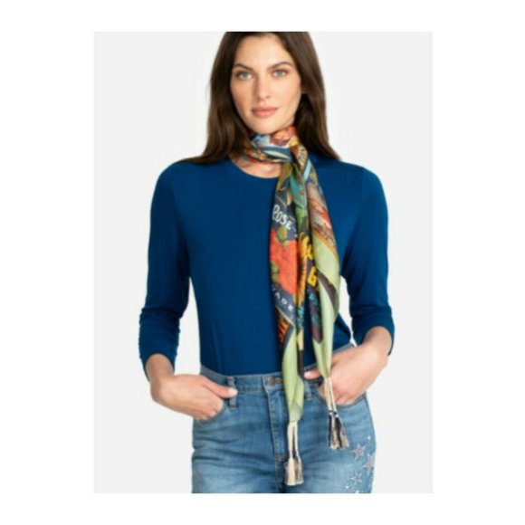 New JOHNNY WAS Crate Silk Tassel Scarf Green Multicolor Colorful Print Floral - Picture 12 of 13